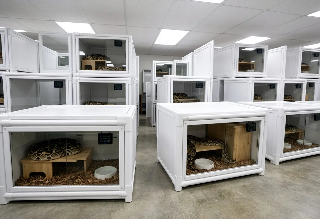 Commercial ball python breeder room with stackable reptile breeding enclosures