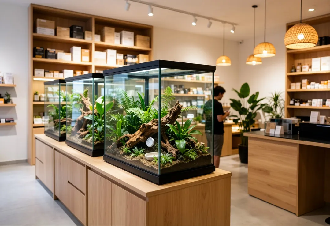 Bioactive commercial reptile enclosures with tropical plants on a wooden display in a modern pet boutique showroom