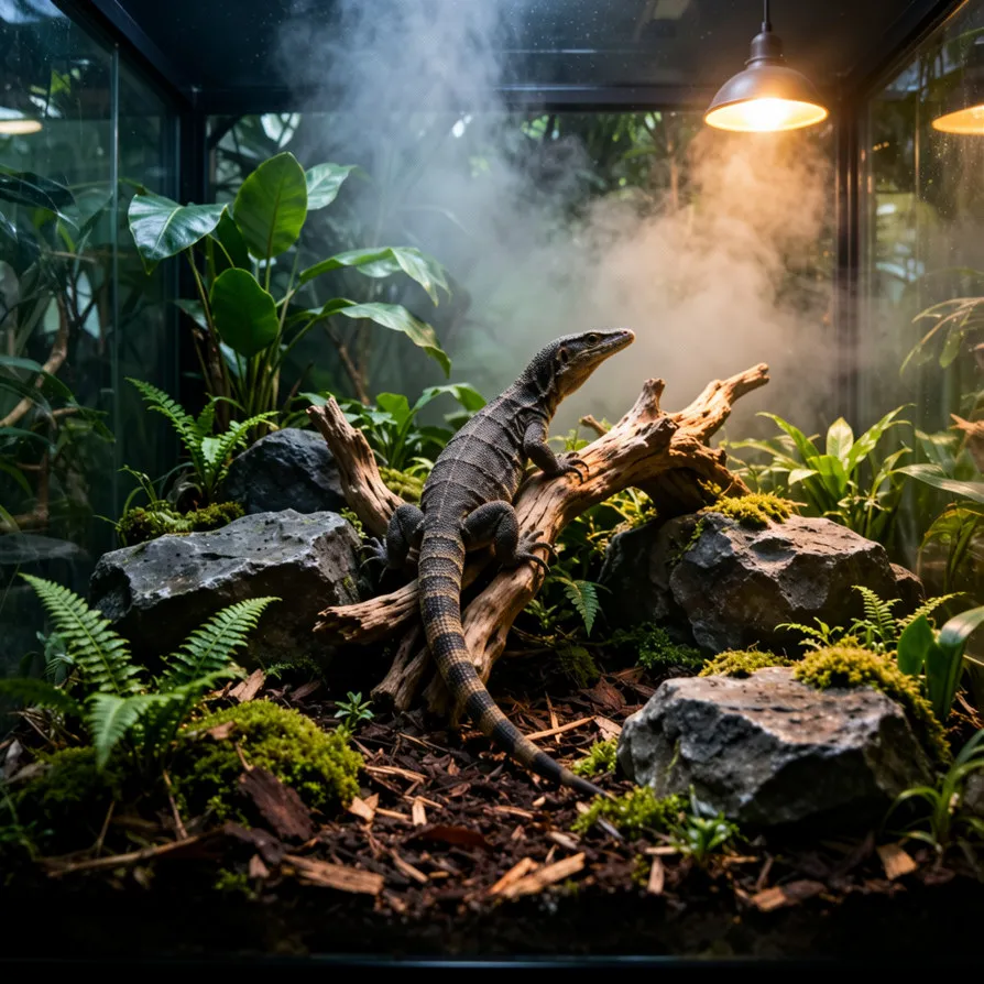 Technician installing digital sensor Zoo Reptile Habitat Enclosures rock background