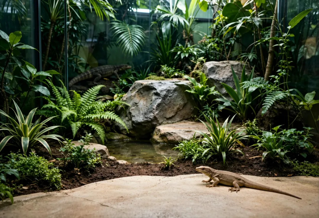 Bioactive tropical monitor lizard Zoo Reptile Habitat Enclosures rockwork pond lush foliage
