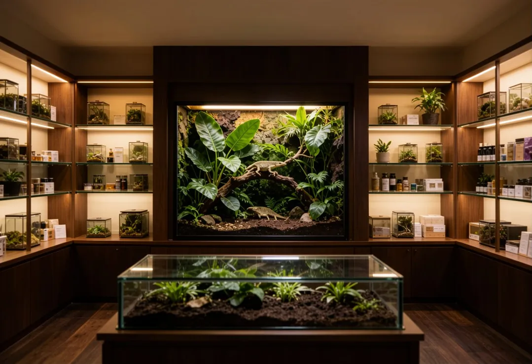 Boutique exotics shop custom lit reptile display with living backdrop