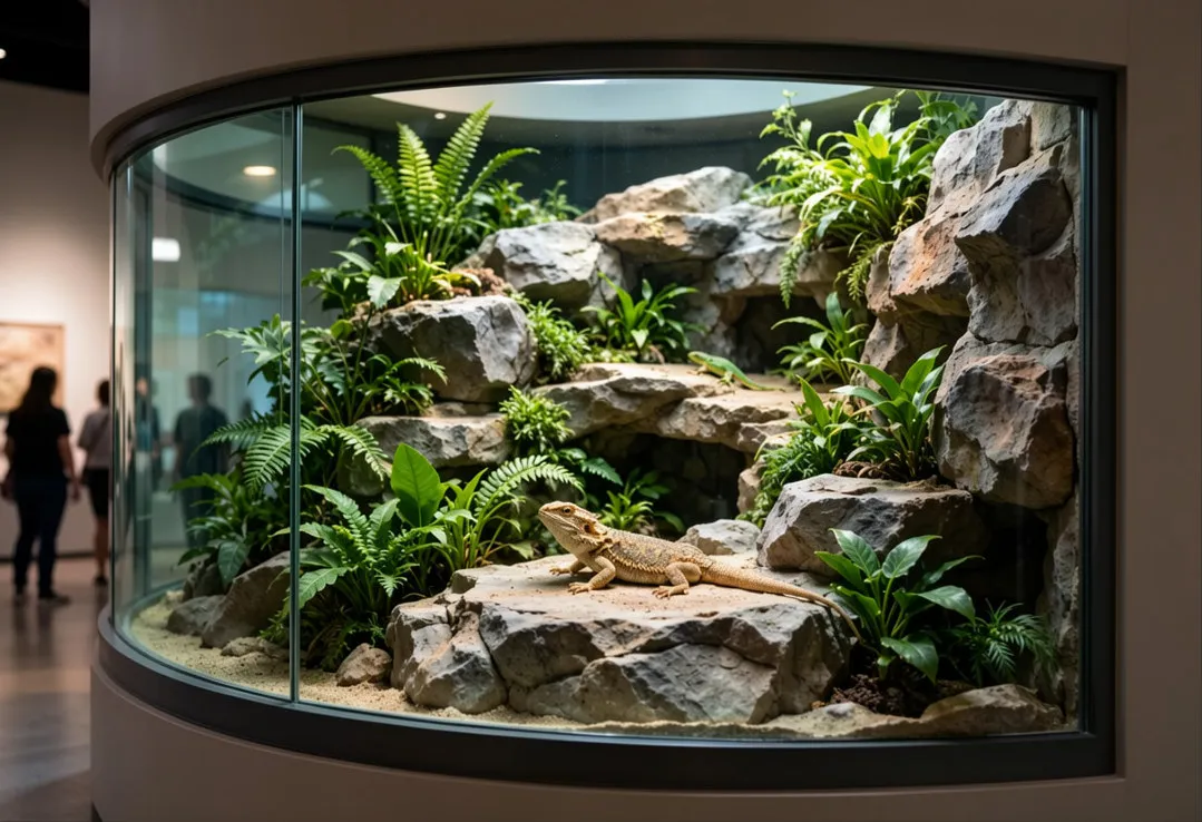 Curved glass Zoo Reptile Habitat Enclosures bearded dragon rockwork lush tropical plants exhibit