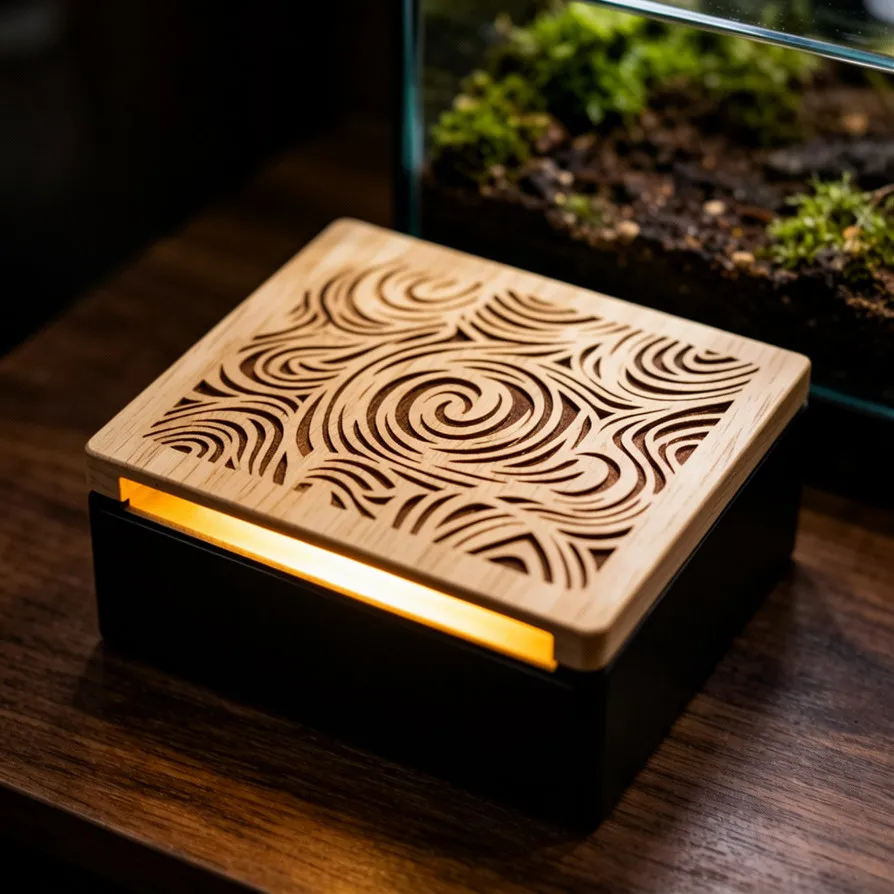 Decorative laser-cut wooden hide for retail reptile enclosures featuring a spiral design and warm internal LED lighting