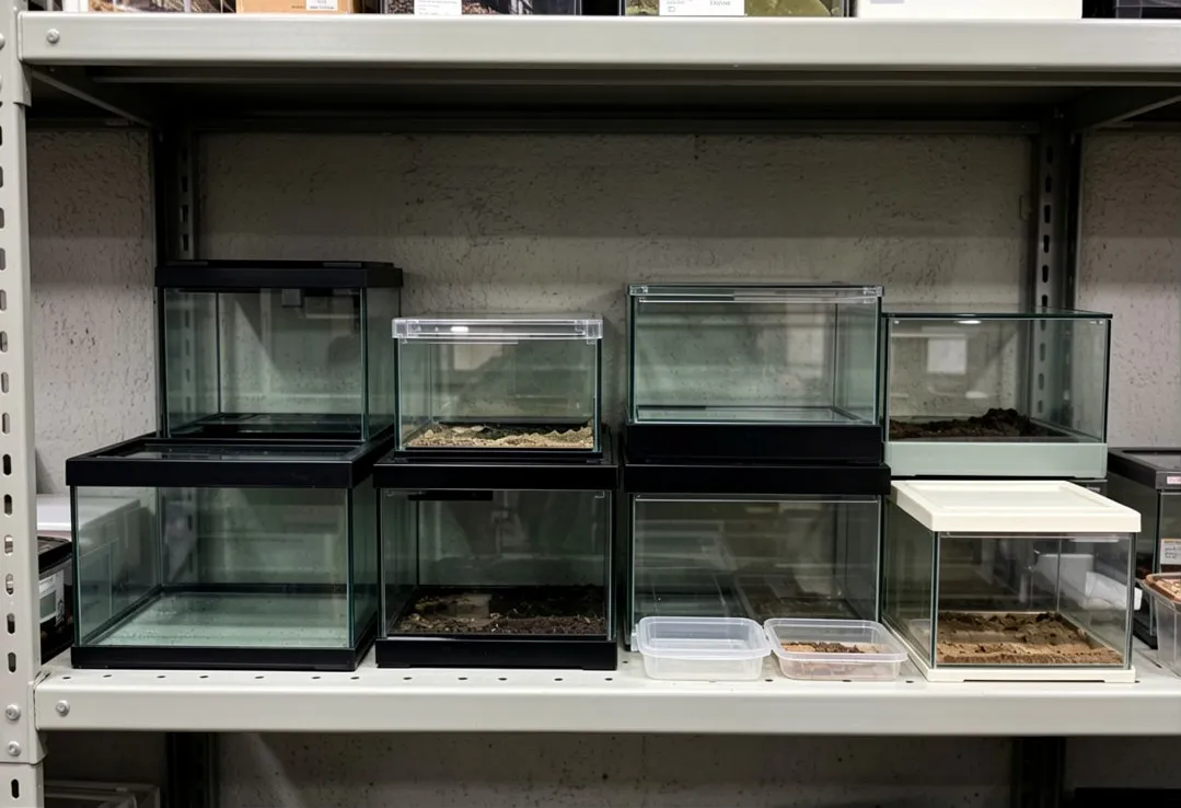 Generic glass retail reptile enclosures on a plain metal shelf before professional display upgrade