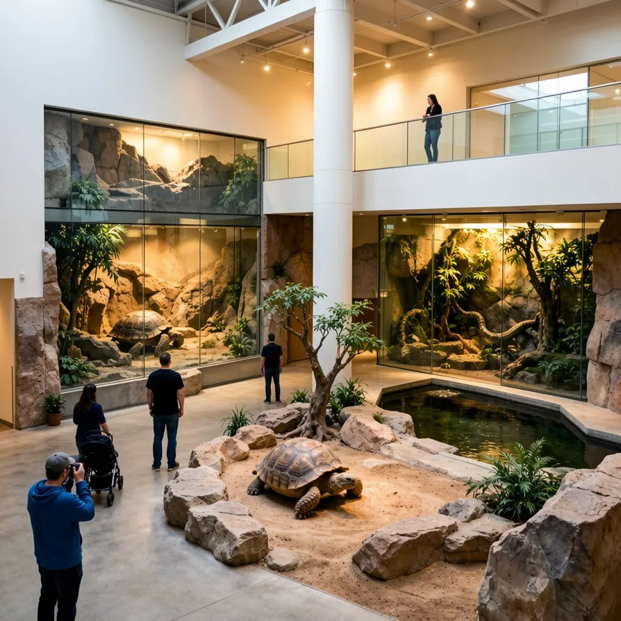 Indoor giant tortoise atrium glass Zoo Reptile Habitat Enclosures rockwork pond display