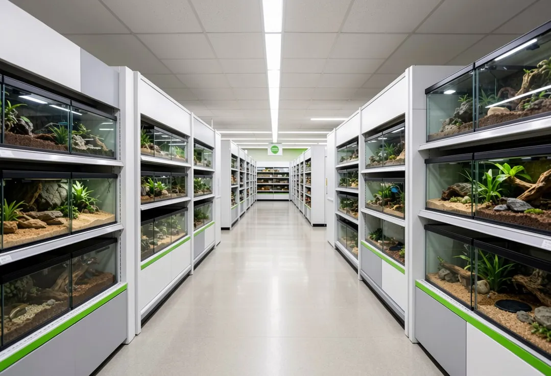 Large-scale retail reptile enclosures rollout in a chain pet store featuring multiple aisles of professional glass displays