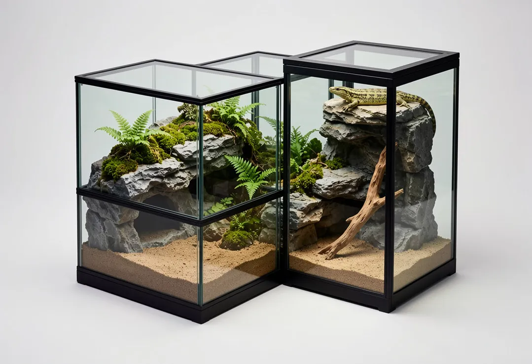 Modular black glass Zoo Reptile Habitat Enclosures lizard basking rockwork ferns moss bioactive setup