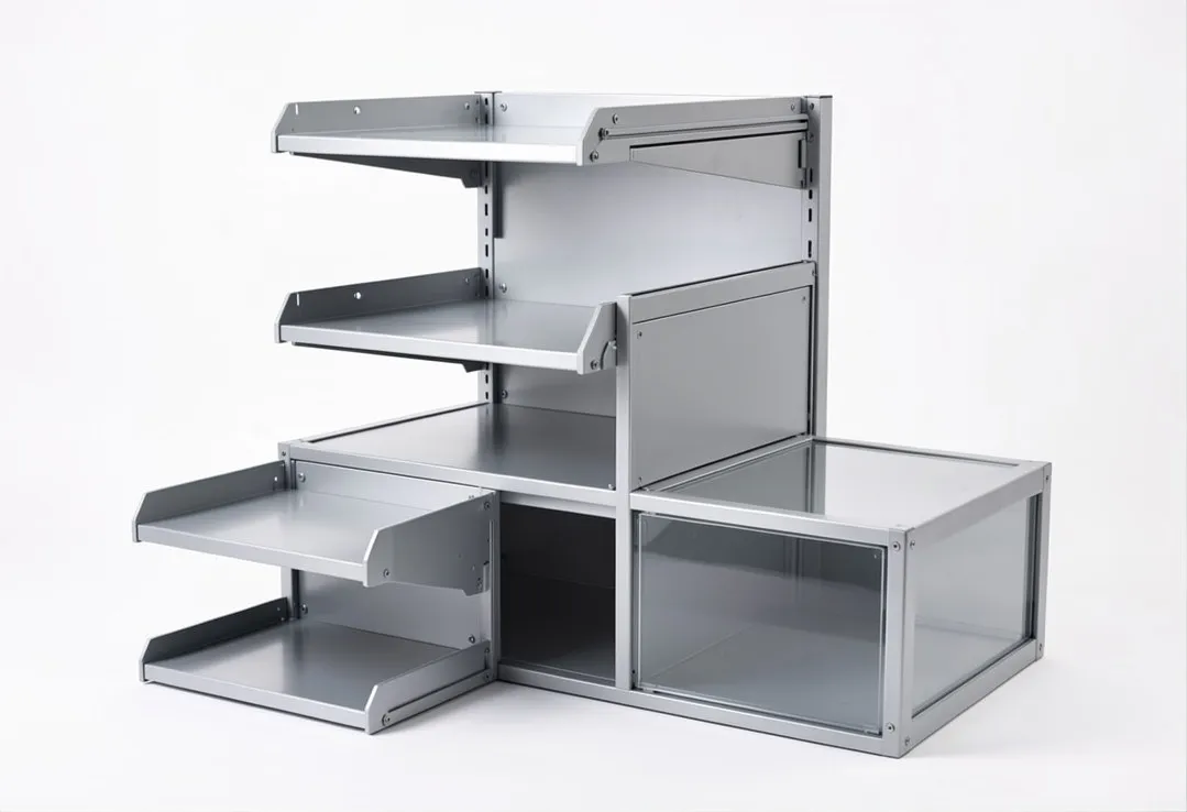 Modular silver metal shelving rack system for retail reptile enclosures display