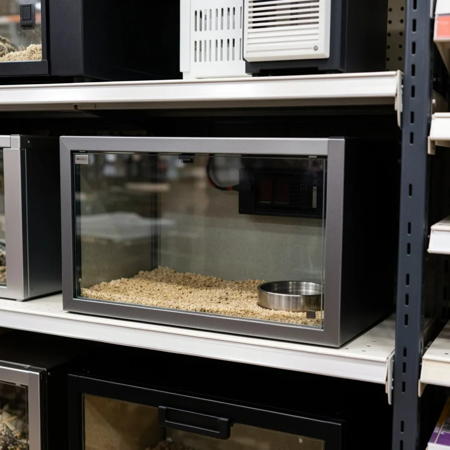 Private label retail reptile enclosures showing custom logo branding and internal thermostat on store shelving