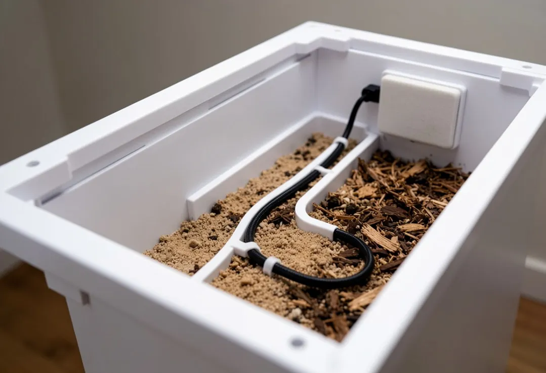 PVC interior with integrated heat-tape channels for stackable reptile breeding enclosure