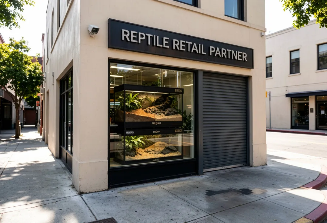 Storefront window display wholesale reptile enclosures retail partner store location