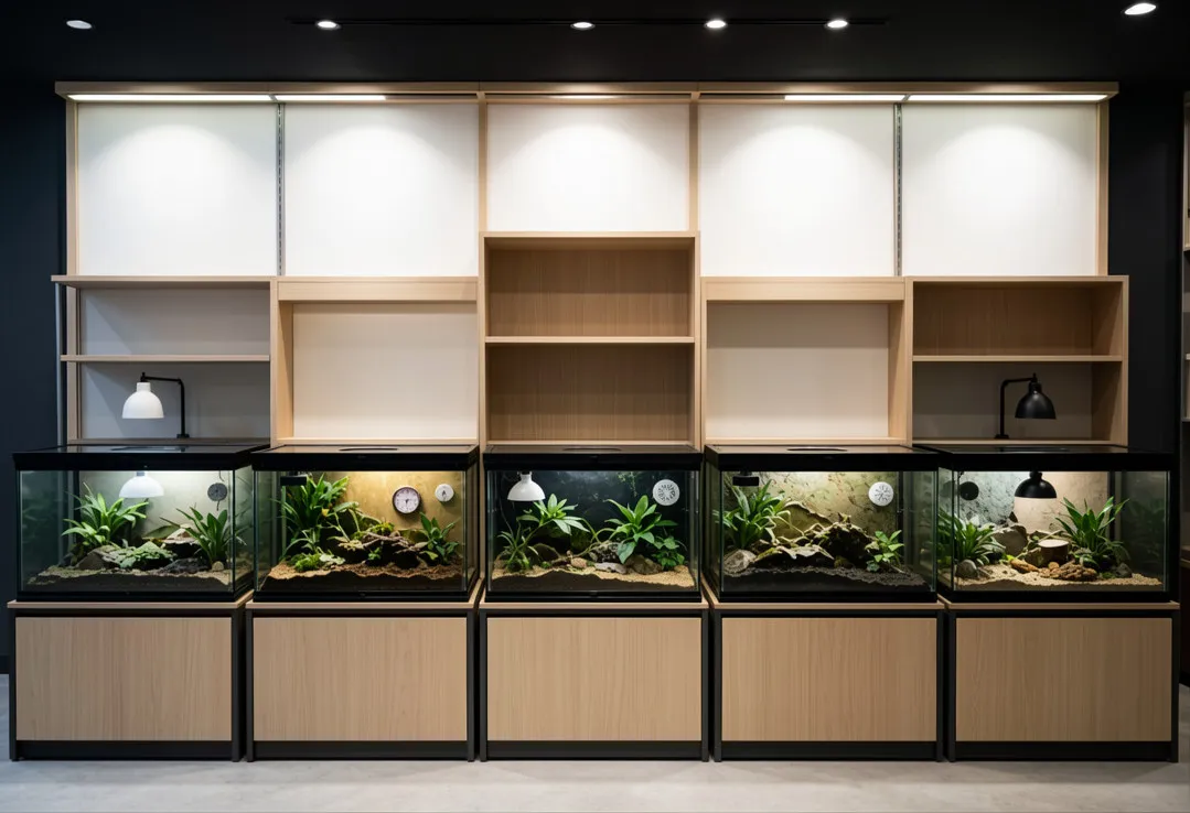 Stackable retail reptile enclosures display system with modular wooden racks, stands, and bioactive glass terrariums
