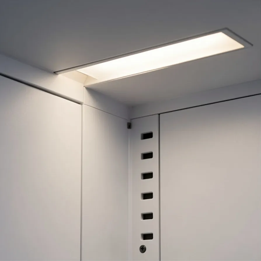 Seamless PVC interior and integrated lighting structure detail of retail reptile enclosure