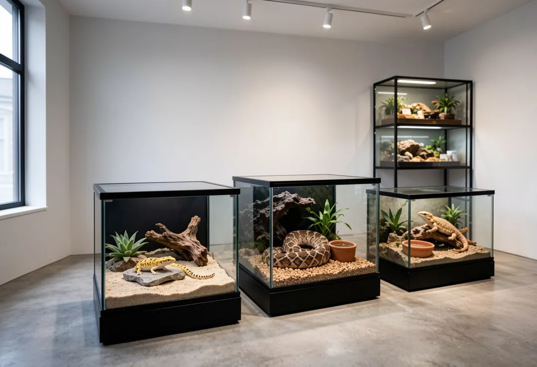Modern glass stackable reptile breeding enclosures for snakes and geckos in a professional showroom display