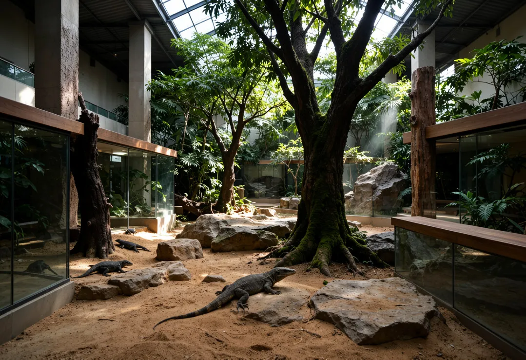 Tropical indoor monitor lizard Zoo Reptile Habitat Enclosures natural trees rockwork atrium