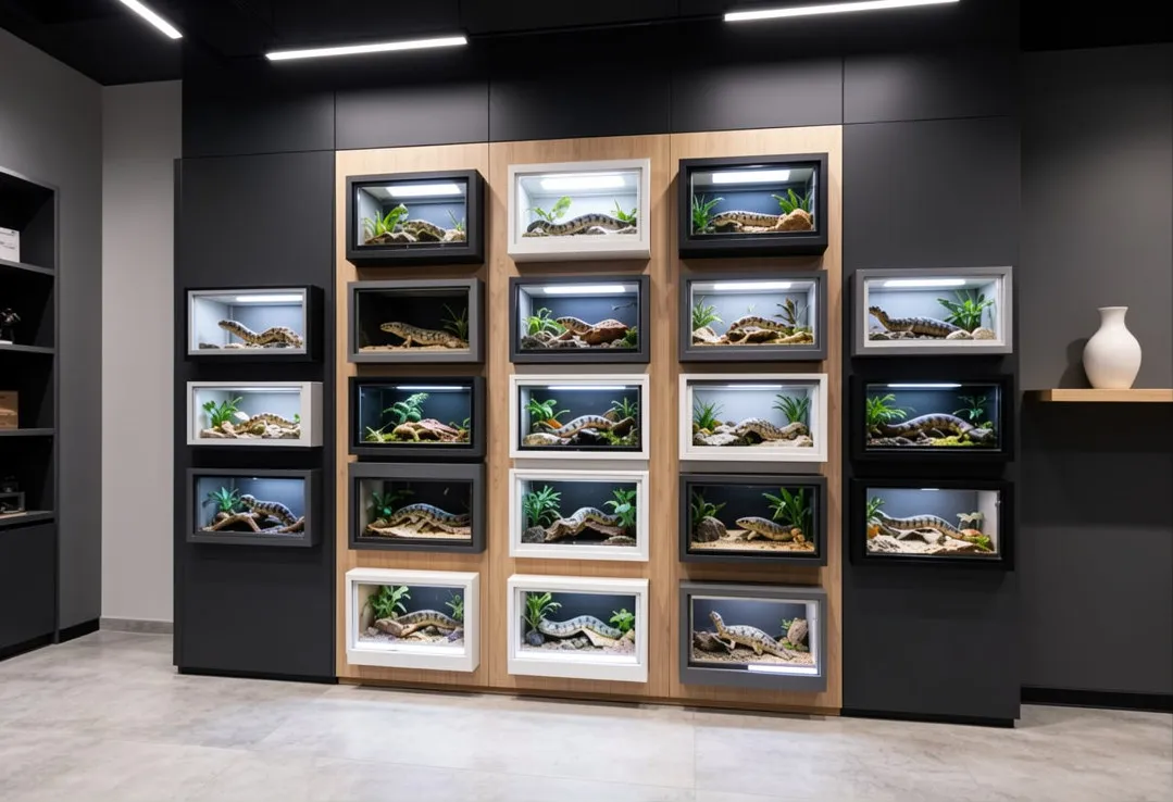 Minimalist wall-mounted reptile enclosures with integrated LED lighting displaying lizards in a modern pet showroom