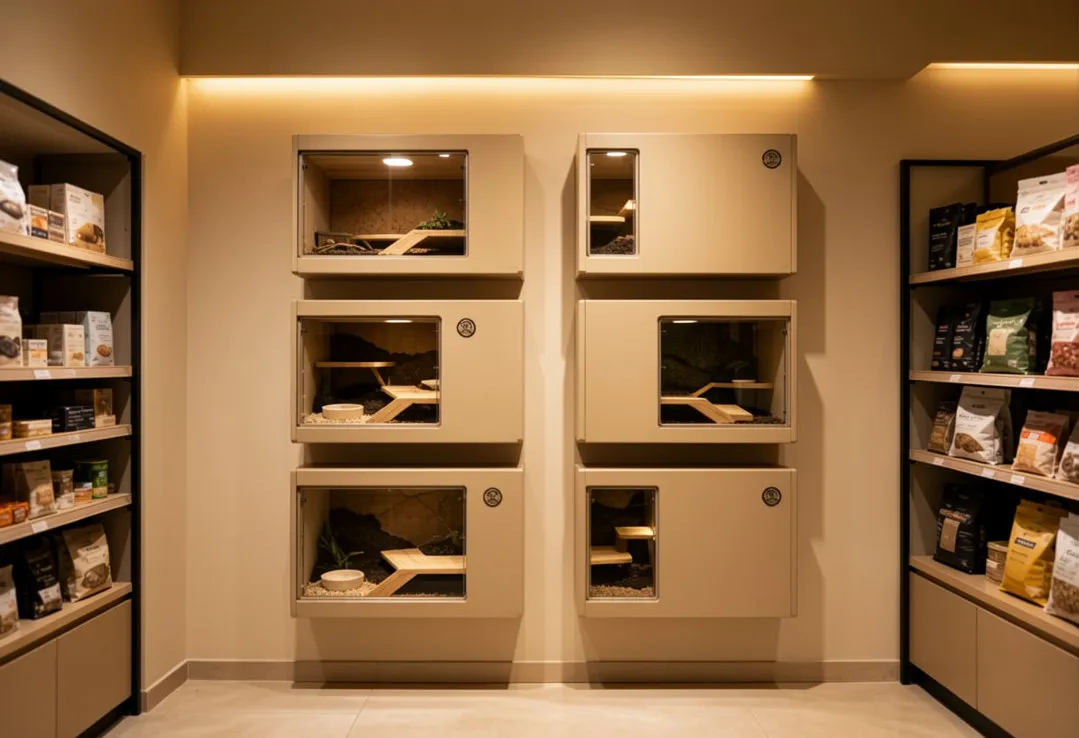Modern wall-mounted retail reptile enclosures display system in an independent pet store with warm LED lighting