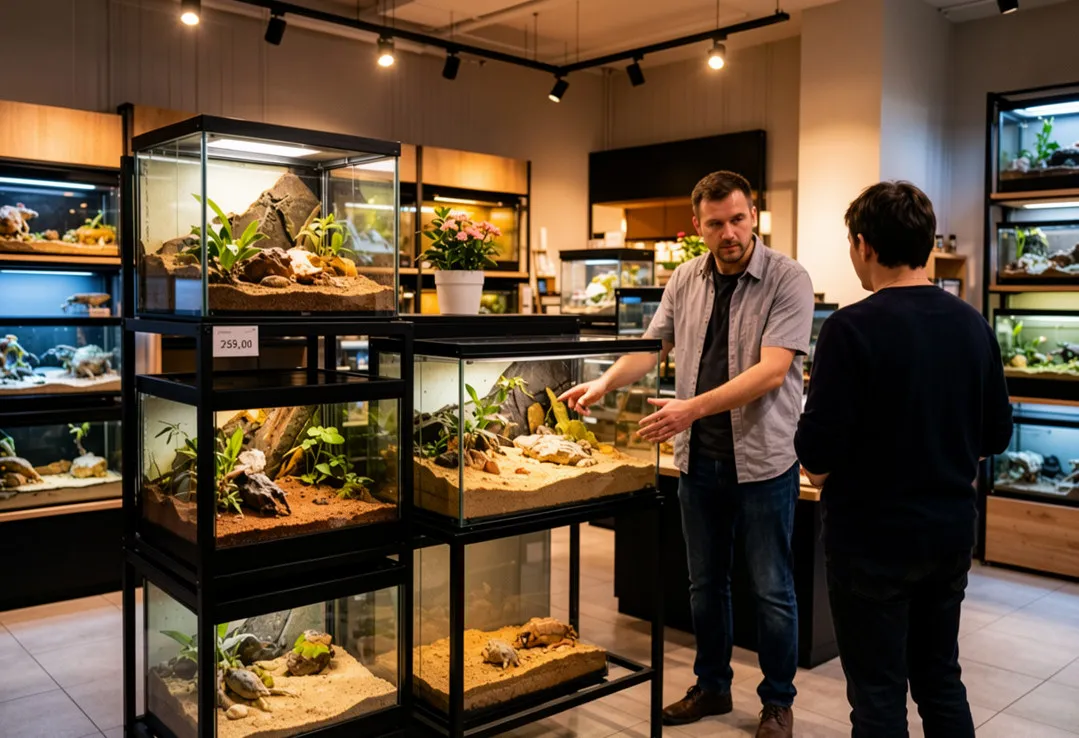 Glass bioactive terrarium showroom wholesale reptile enclosures retail store display