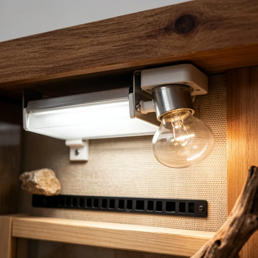 Integrated LED heat bulb lighting detail Zoo Reptile Habitat Enclosures professional internal ventilation