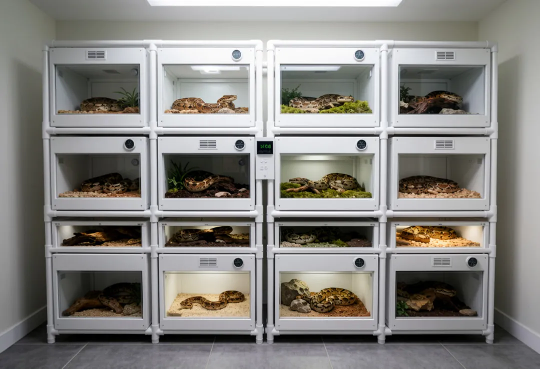 Reptile Enclosure Manufacturer 12 Unit Ball Python Breeder Rack Stacked White PVC System