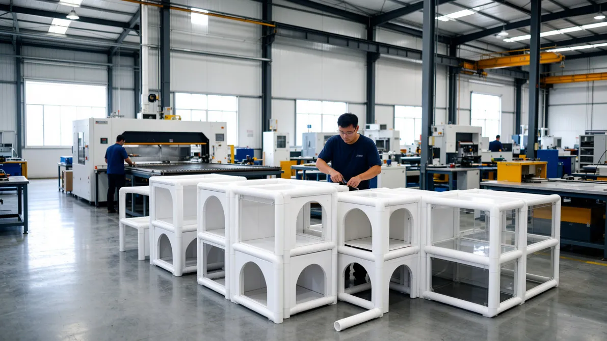 Inside the TerraEvoLab workshop: CNC-cut 10mm food-grade PVC panels on the reptile enclosure production line